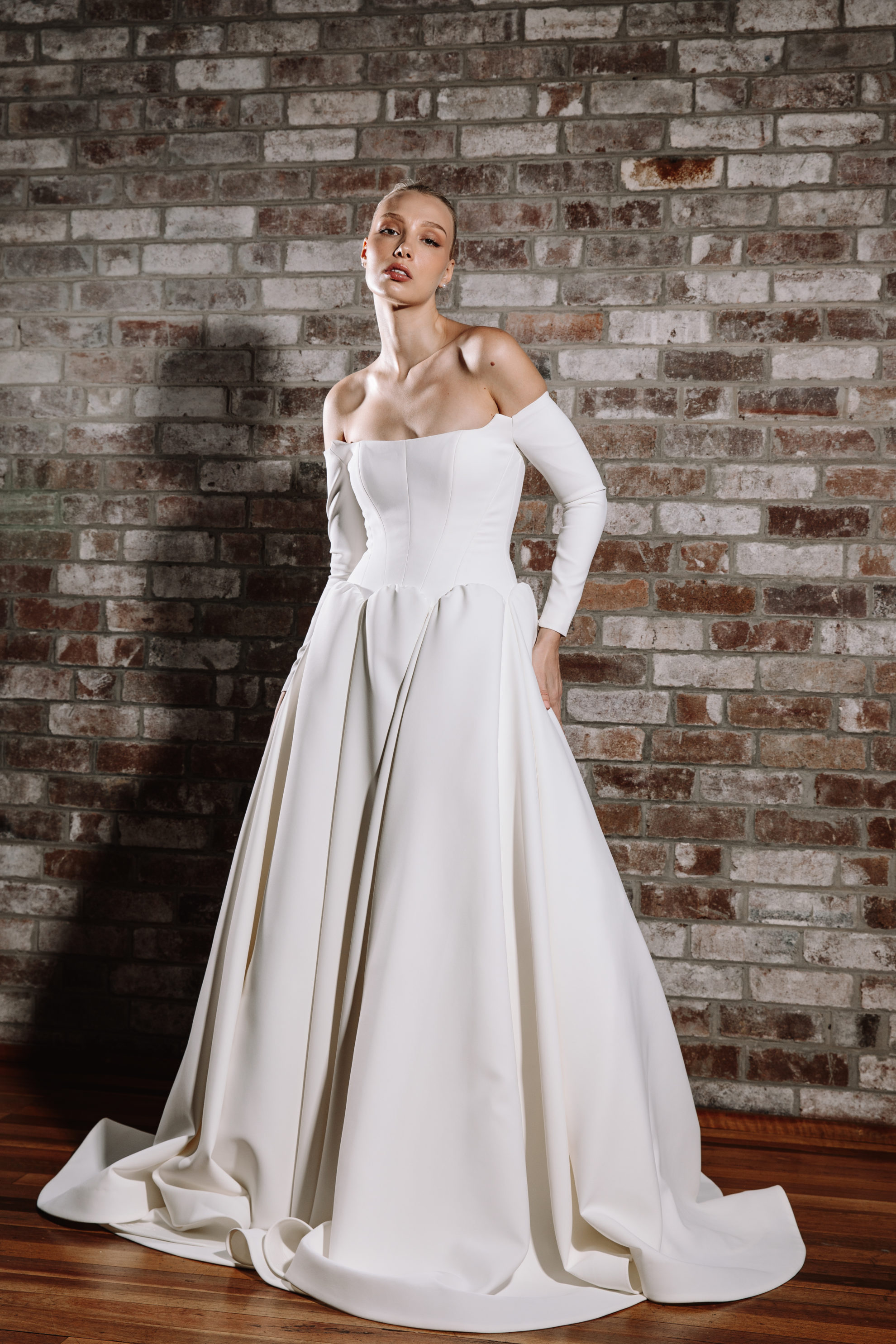stylish girl wear off shoulder white oria gown